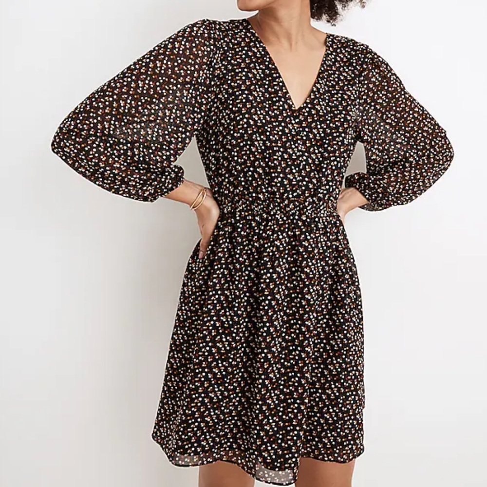 Madewell Black Georgette Button Mini Dress Vneckline Size Medium Like New!